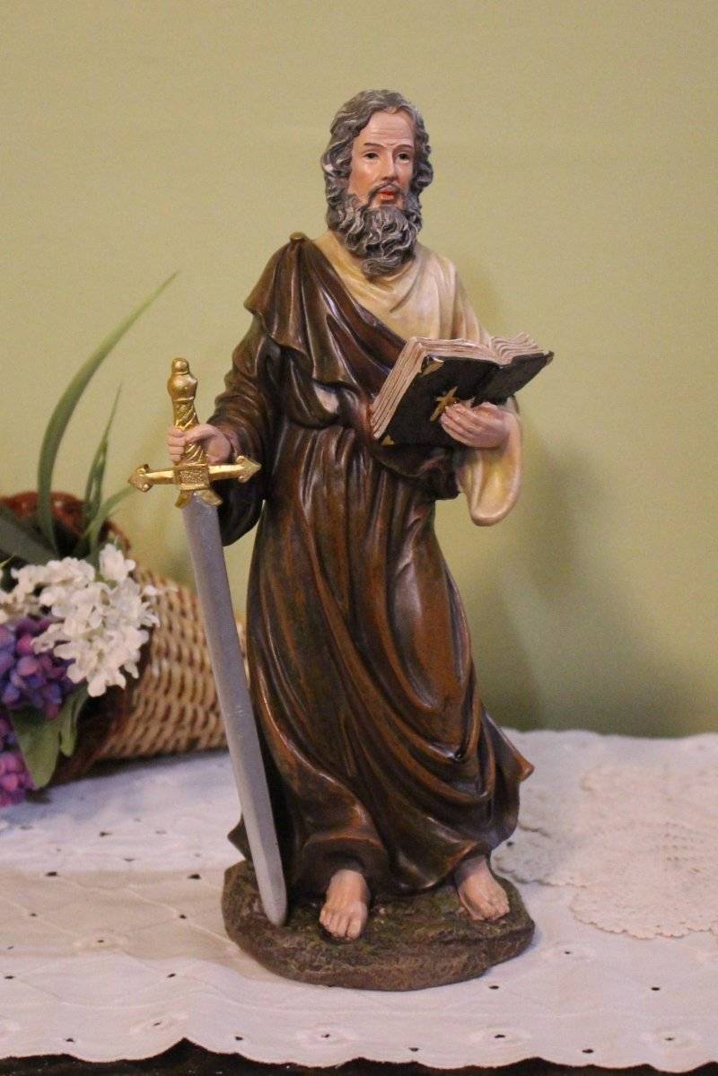 St. Paul Statue Sword and Bible in Hand 12 inch Indoor Outdoor Resin