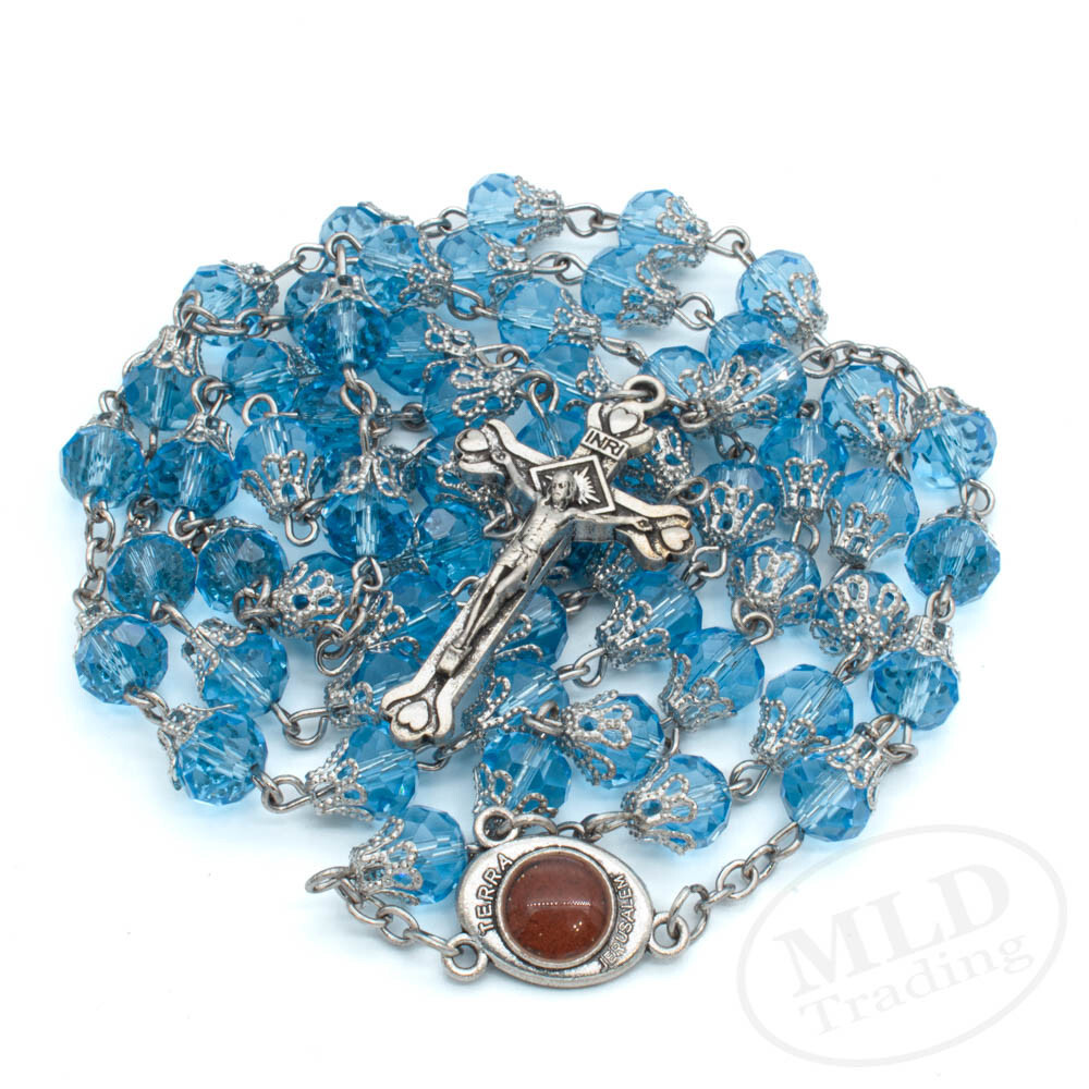 Light Blue Rosary Necklace – 8mm Faceted Beads – Catholic Holy Jerusalem Center
