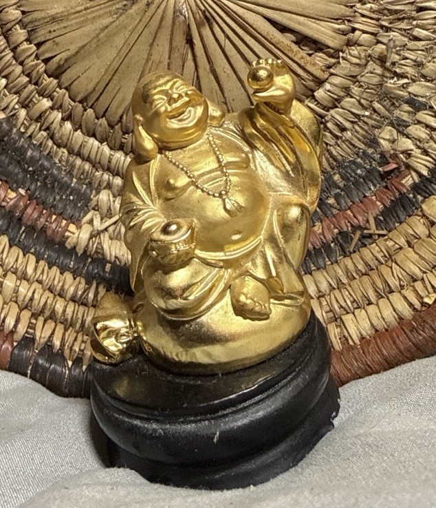 Vintage Golden Wealth /Good Luck Buddha statue on Wood Base 3 X2 Inches