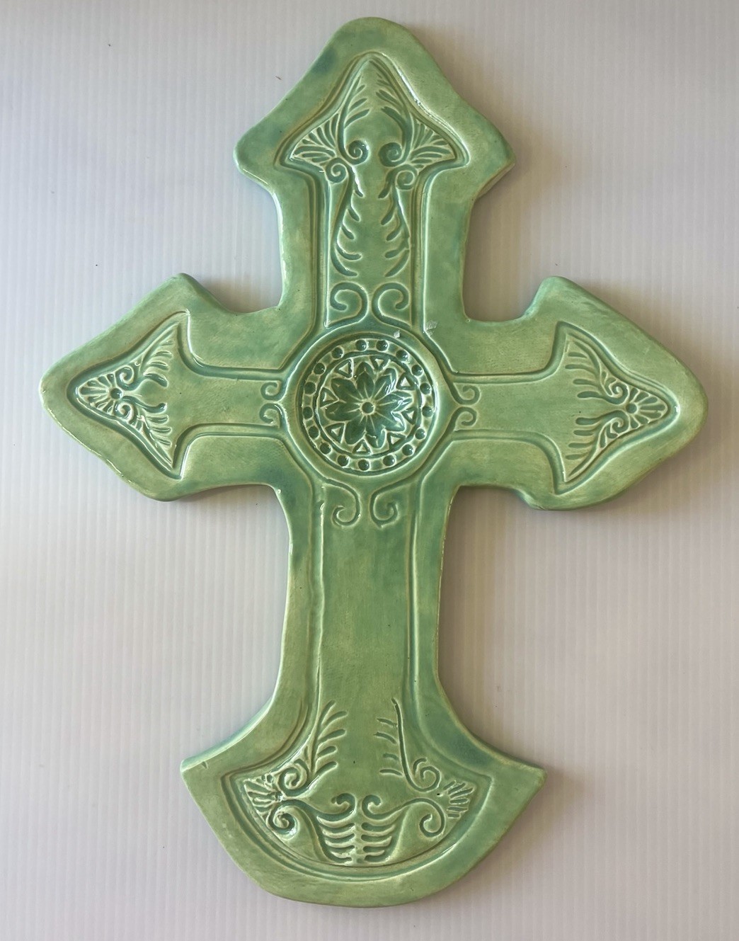 Studio Art Pottery Large Green Ceramic Celtic Cross Wall Hanging Decor 11” SALE!
