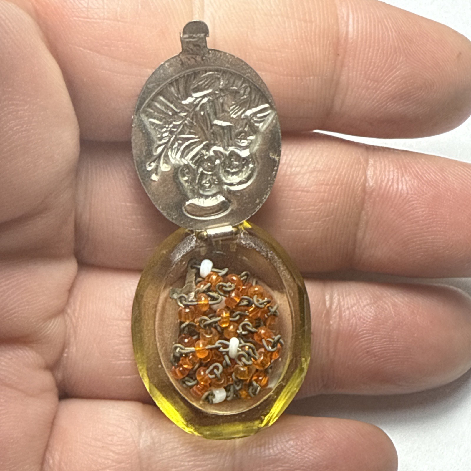 mini rosary Czech Glass In Czech Lucite Holder Pendant Antique Czechoslovakia