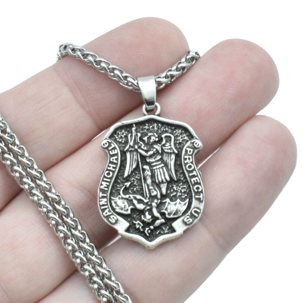 Archangel Saint St Michael Protect Us Medal Shield Pendant Necklace w 20″ Chain