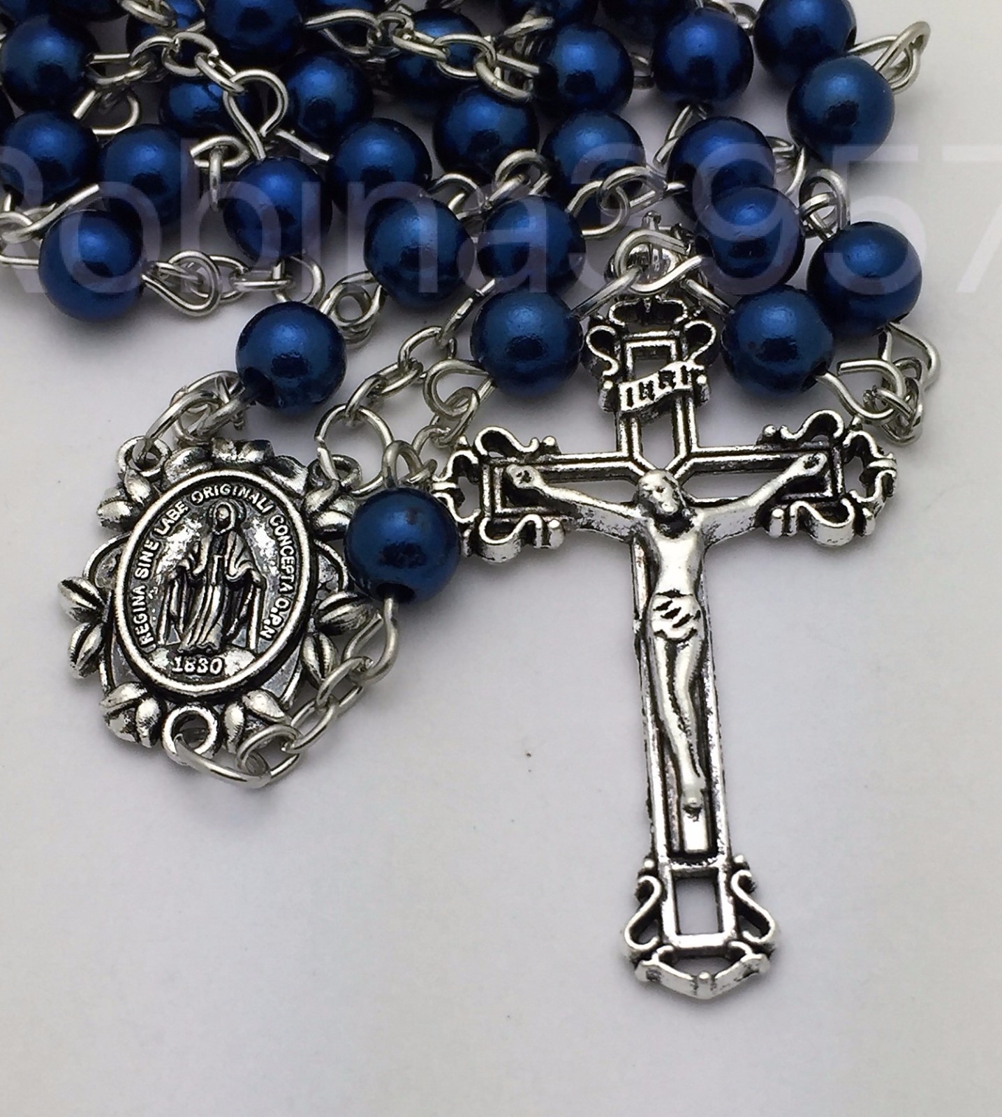 Miraculous Center Traditional Crucifix Sapphire Blue Pearl Catholic Rosary Beads