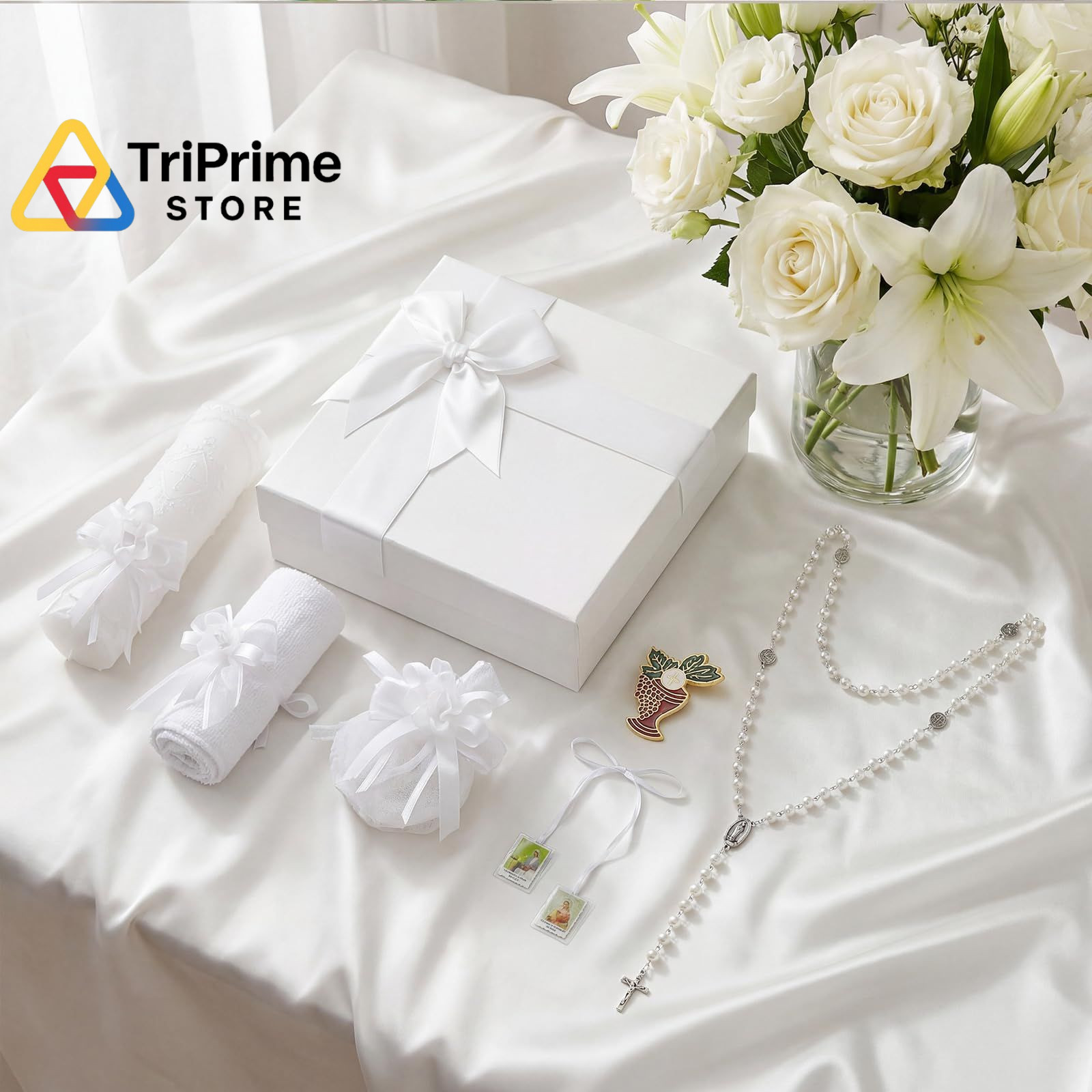 7 Pcs White Baptism Candle Set Catholic Baptismal Candle Towel Rosary Necklace S
