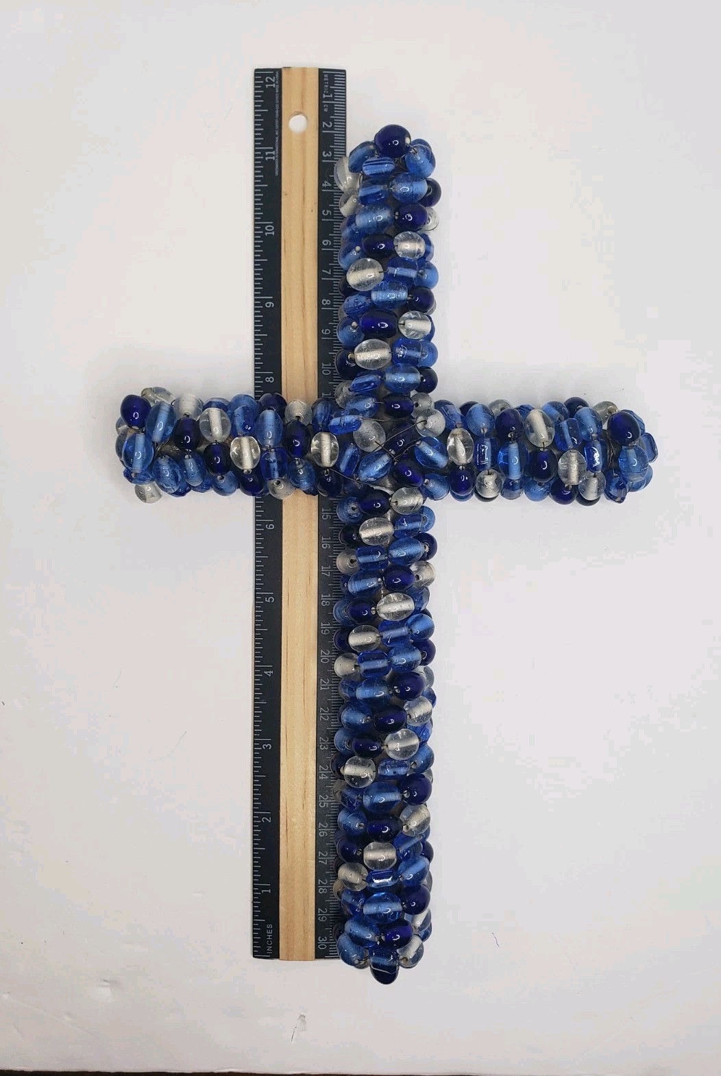 Handmade Metal Wire Blue Glass Bead Wall Cross Hand Beaded Hanging 11″ x 7″
