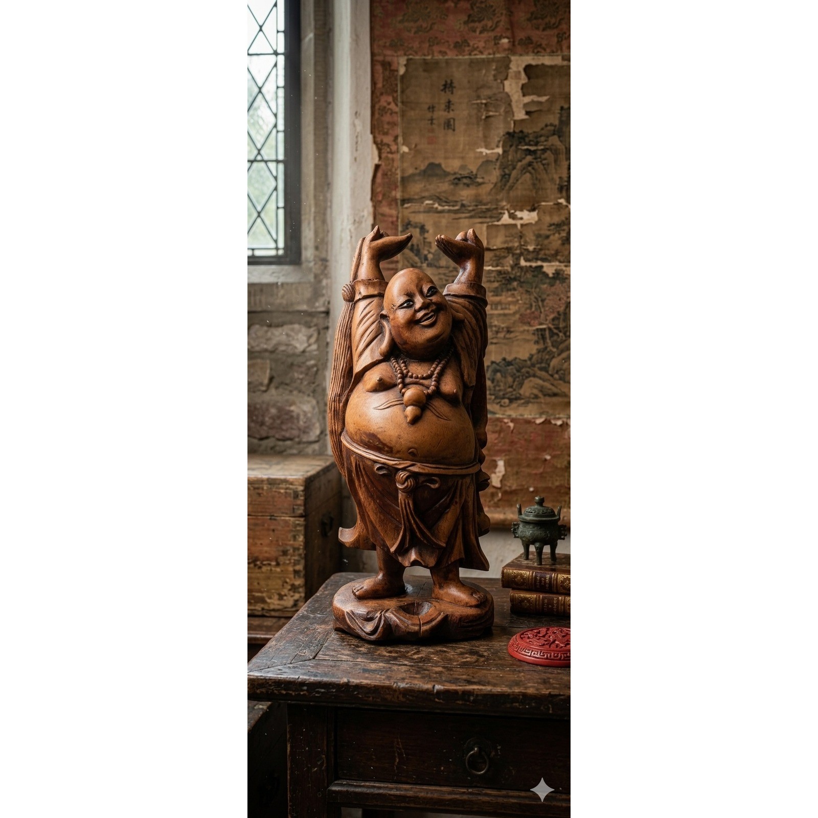 1940’s Vintage Hand Carved Wood Laughing Buddha Statue Hotei Standing Figure
