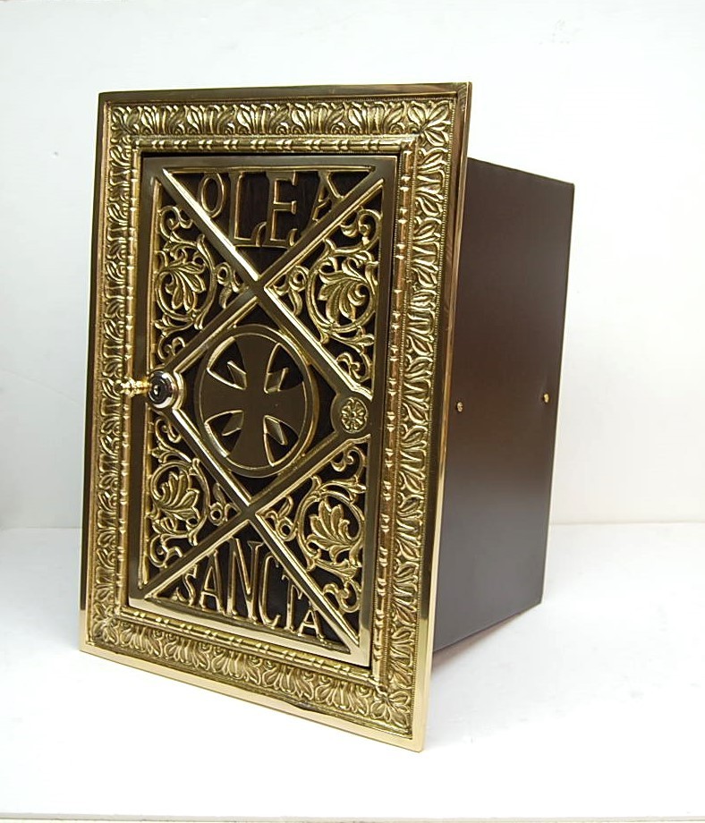 POLISHED BRASS IN WALL CHURCH OLEA SANCTA AMBRY WITH KEYS #253 HOLY OILS