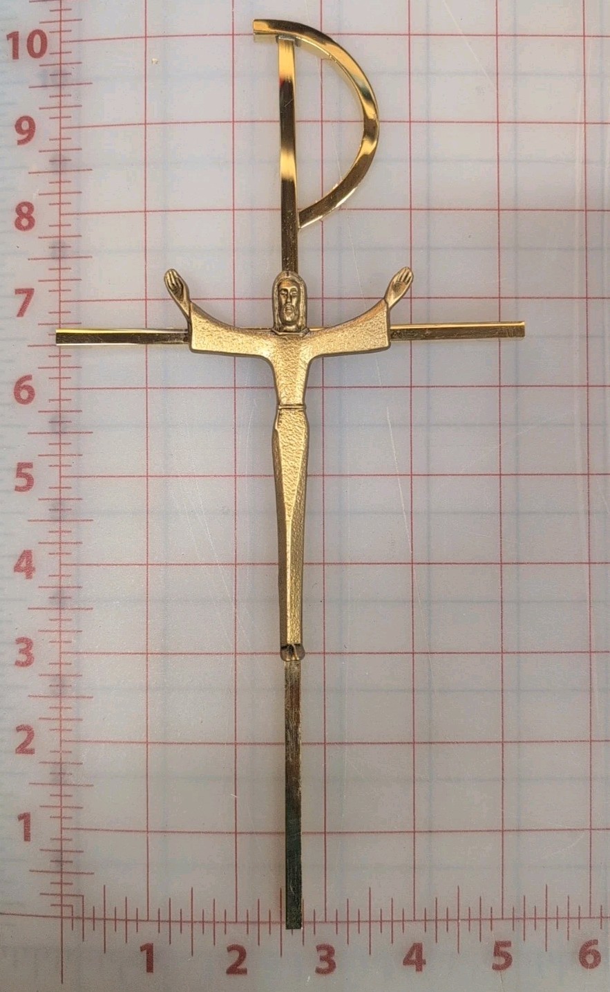 Mid Century Modern Crucifix Gold Brass Monographic Staurogram Tau-Rho Cross