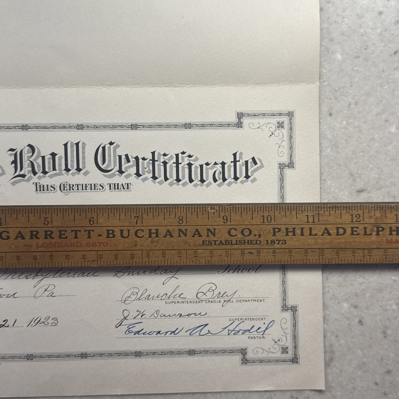 1923 Uniontown, Pennsylvania Third Presbyterian Church Cradle Roll Certificate