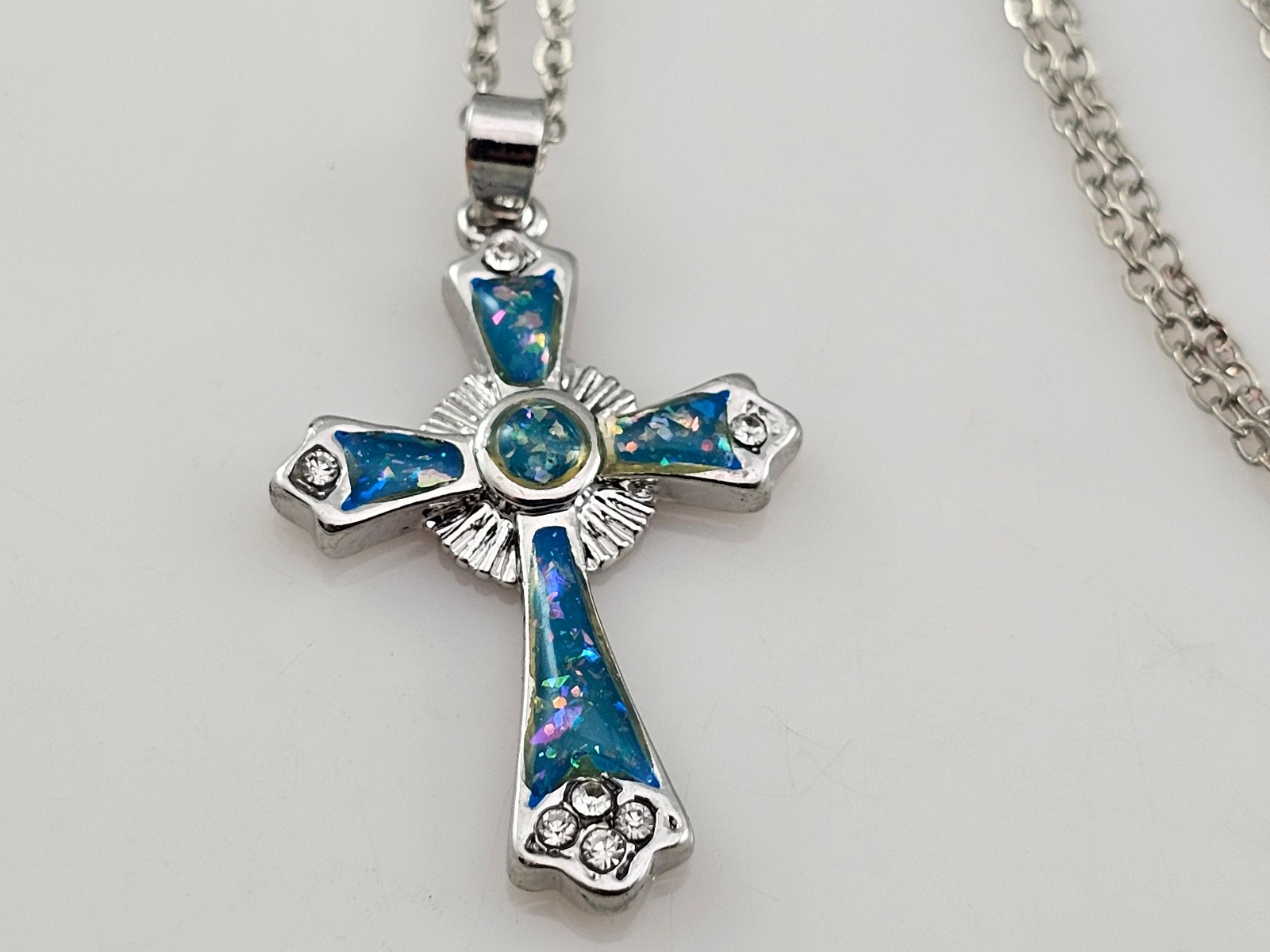 925 Sterling Latin Cross Teal Glitter Enamel and CZ 36mm and 19″ Necklace
