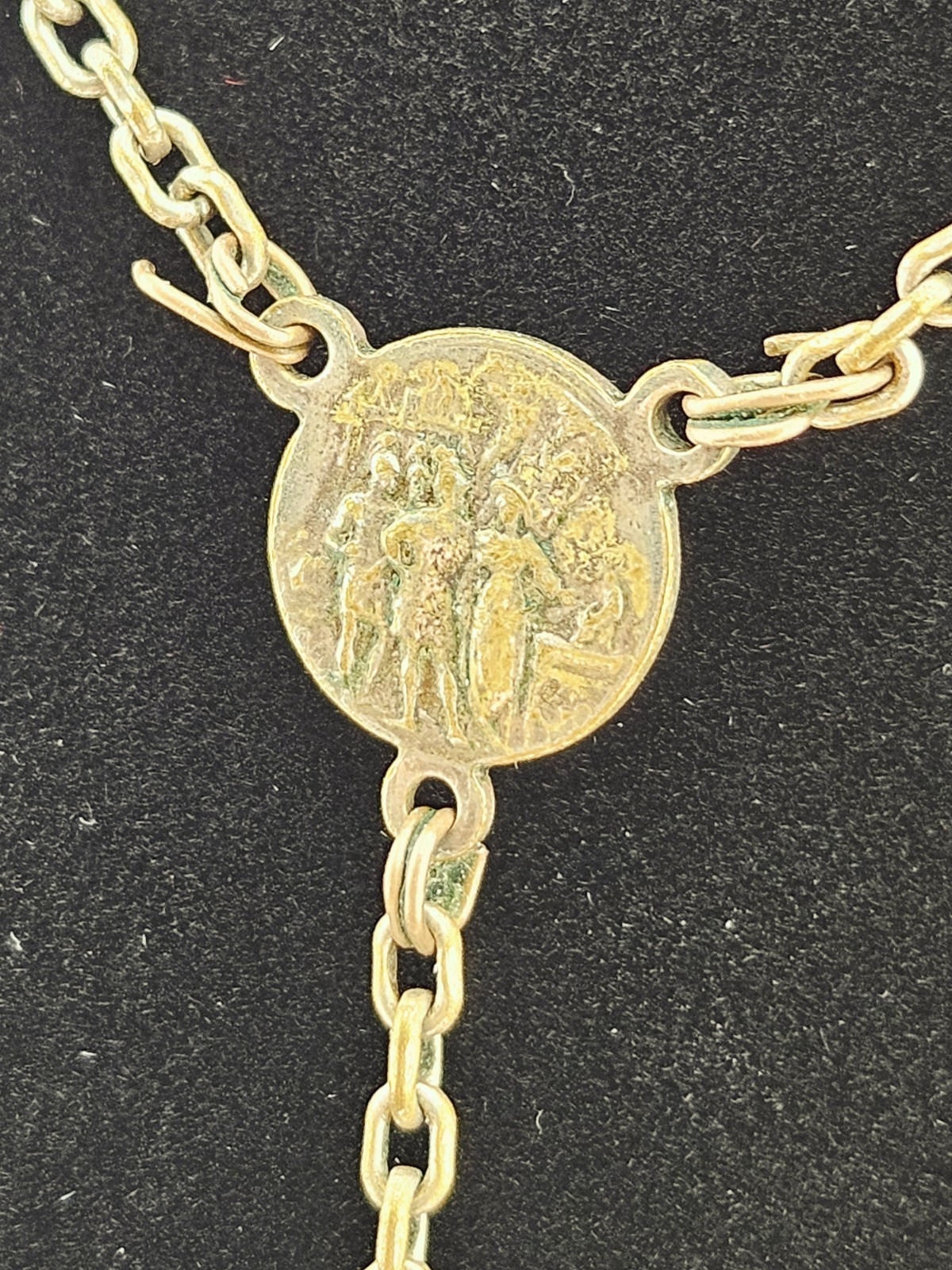 Vintage French Rosary Necklace Turquoise Blue Glass Beads Notre Dame de Liesse