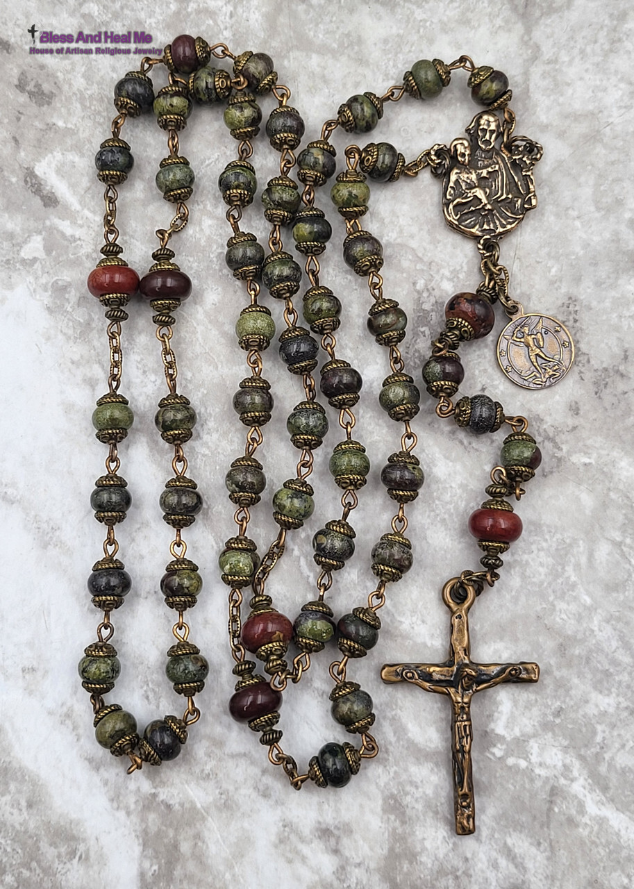 St Joseph Archangel Michael Sacred Heart Bronze Bloodstone Jasper Mens Rosary