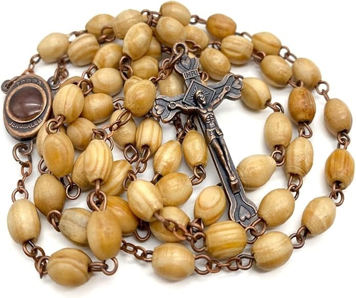 Olive Wood Rosary Necklace Wooden Beads Holy Soil Medal Vintage Cross Crucifix