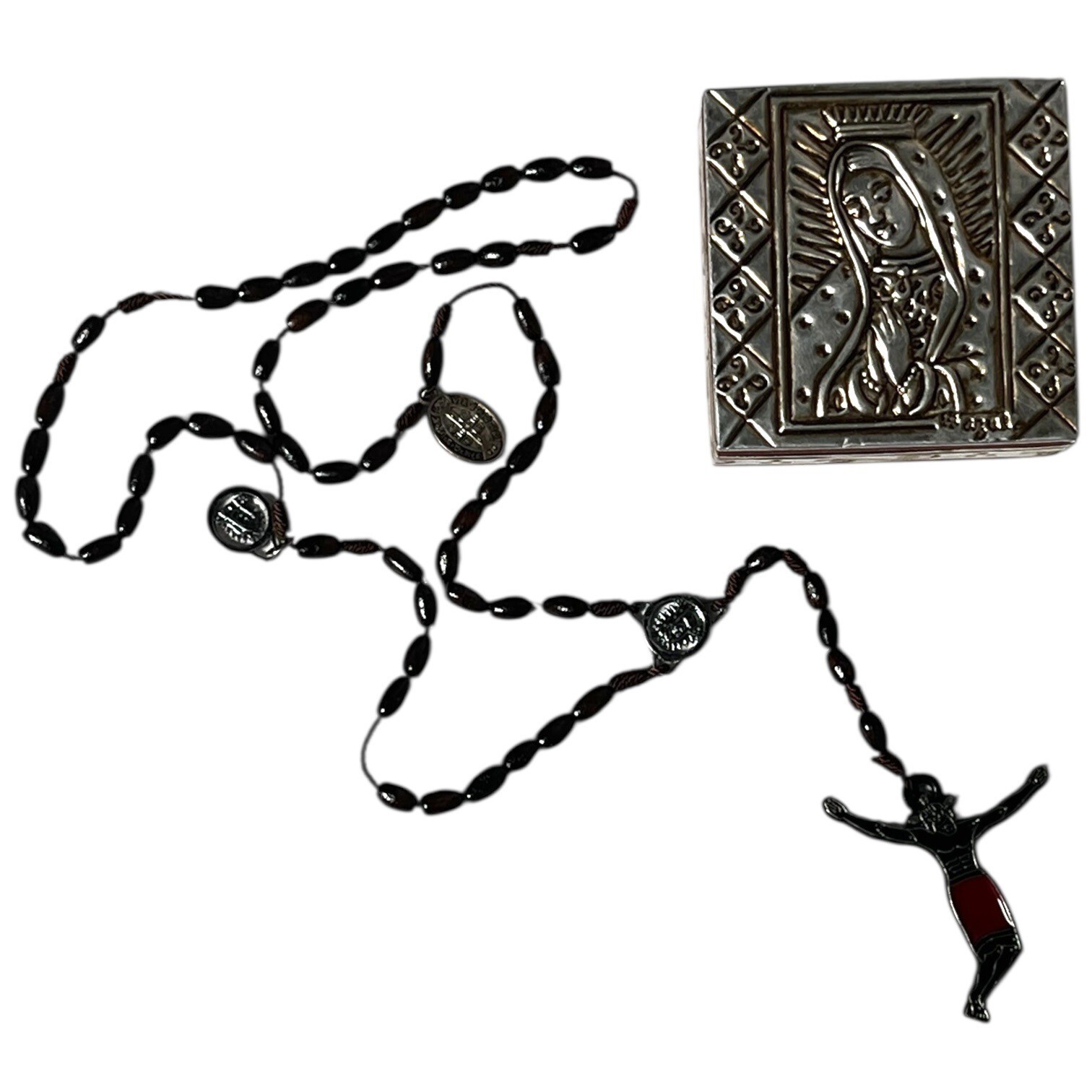 Handmade Rosary With Wooden Beads & Metal Crucifix Virgin Mary Metal Box Mexico