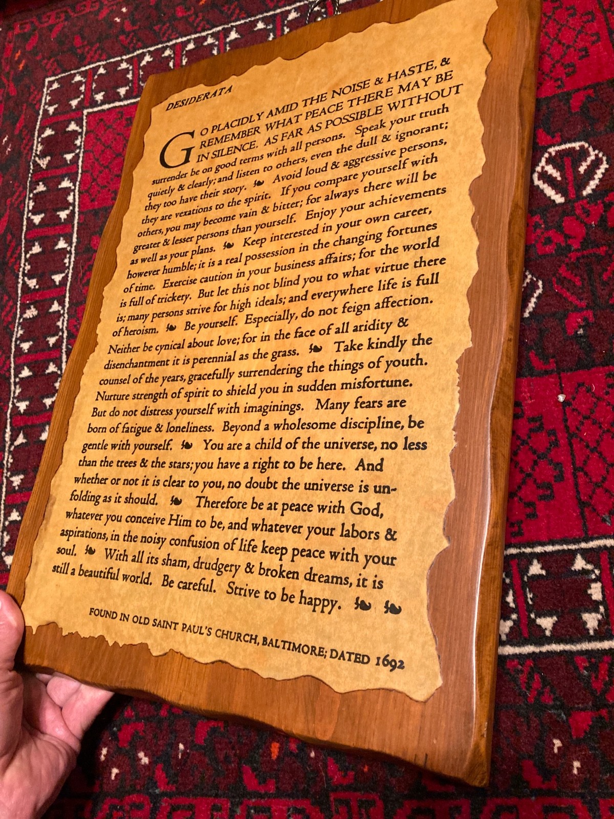 Vintage Desiderata Wall Plaque Poem On Wood Panel-Decoupage Coated- Brass Hanger